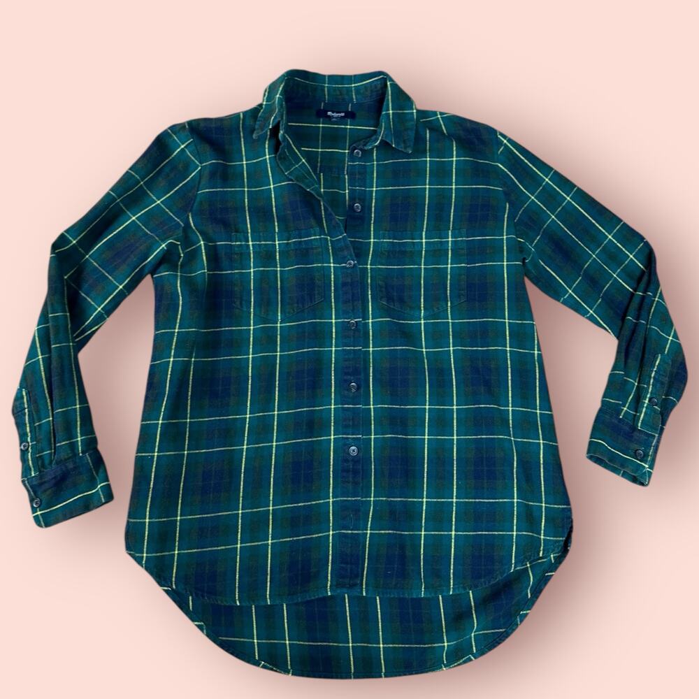 Madewell Flannel Oversized Ex-Boyfriend Shirt Dark Plaid Green Top XS